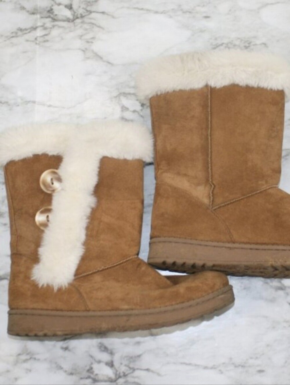 SO Boots Abigail Suede Winter Faux Fur Lined Snow Tan Button Chestnut Brown 8